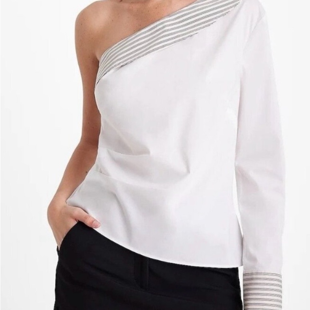 Express White One-Shoulder Blouse with Striped Trim